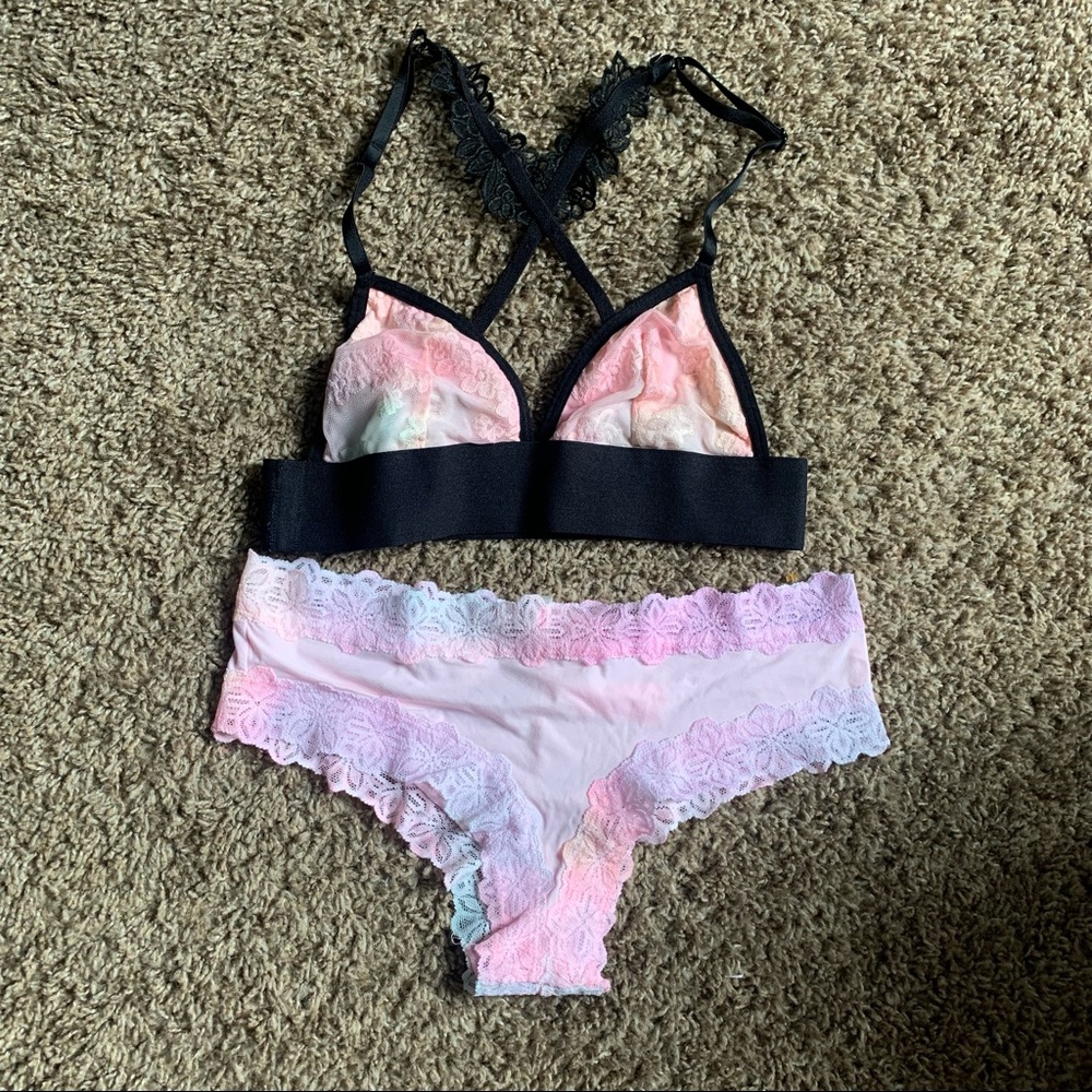 NWOT 2016 Victoria Secret Pink Tie Dye Rainbow Lace Bralette Set XS/S
